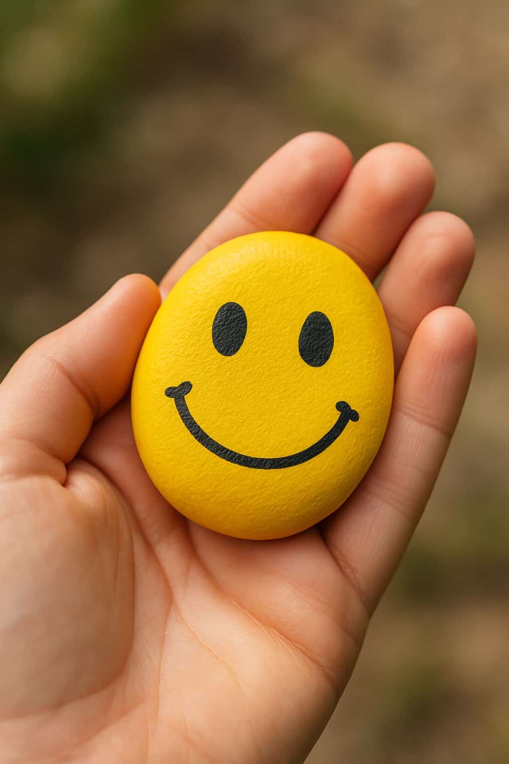 A hand holding a smooth river rock painted with a yellow smiley face.