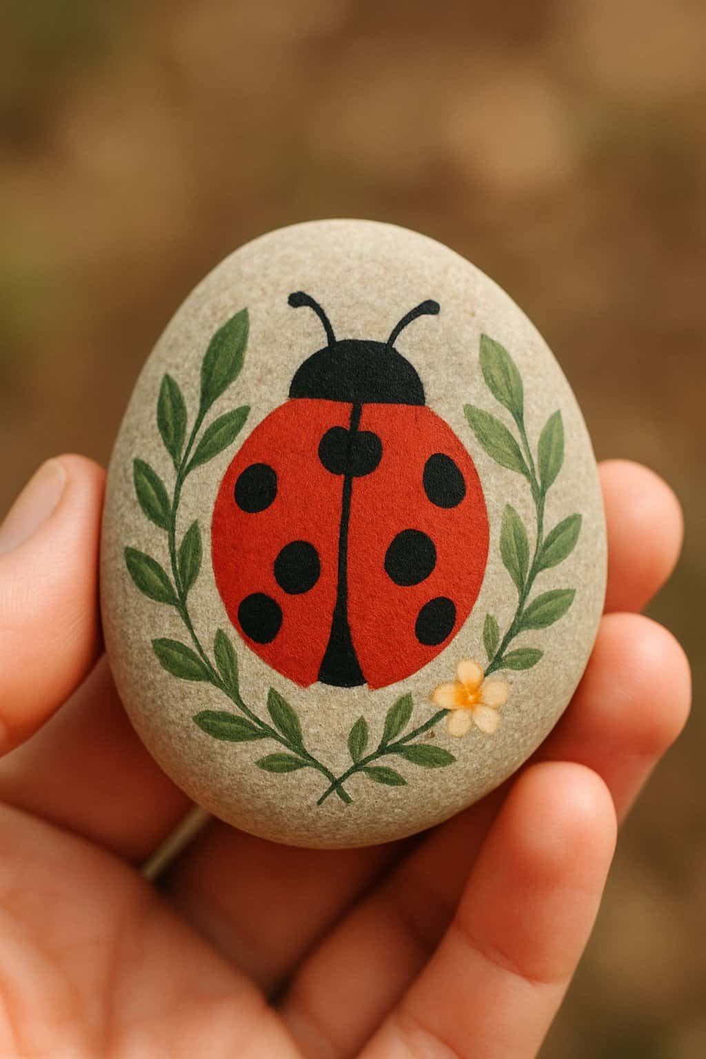A hand holding a smooth river rock painted with a ladybug, leaves, and small flowers.