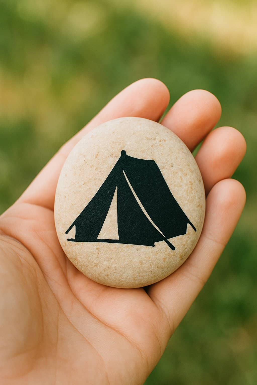 A hand holding a smooth river rock painted with a camping tent silhouette.