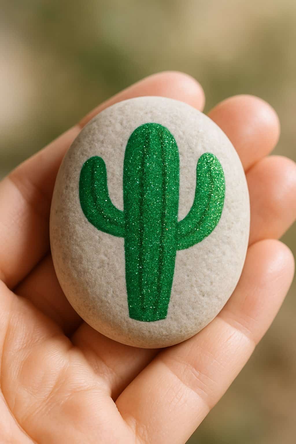 A hand holding a smooth river rock painted with a green cactus design that sparkles in natural light.