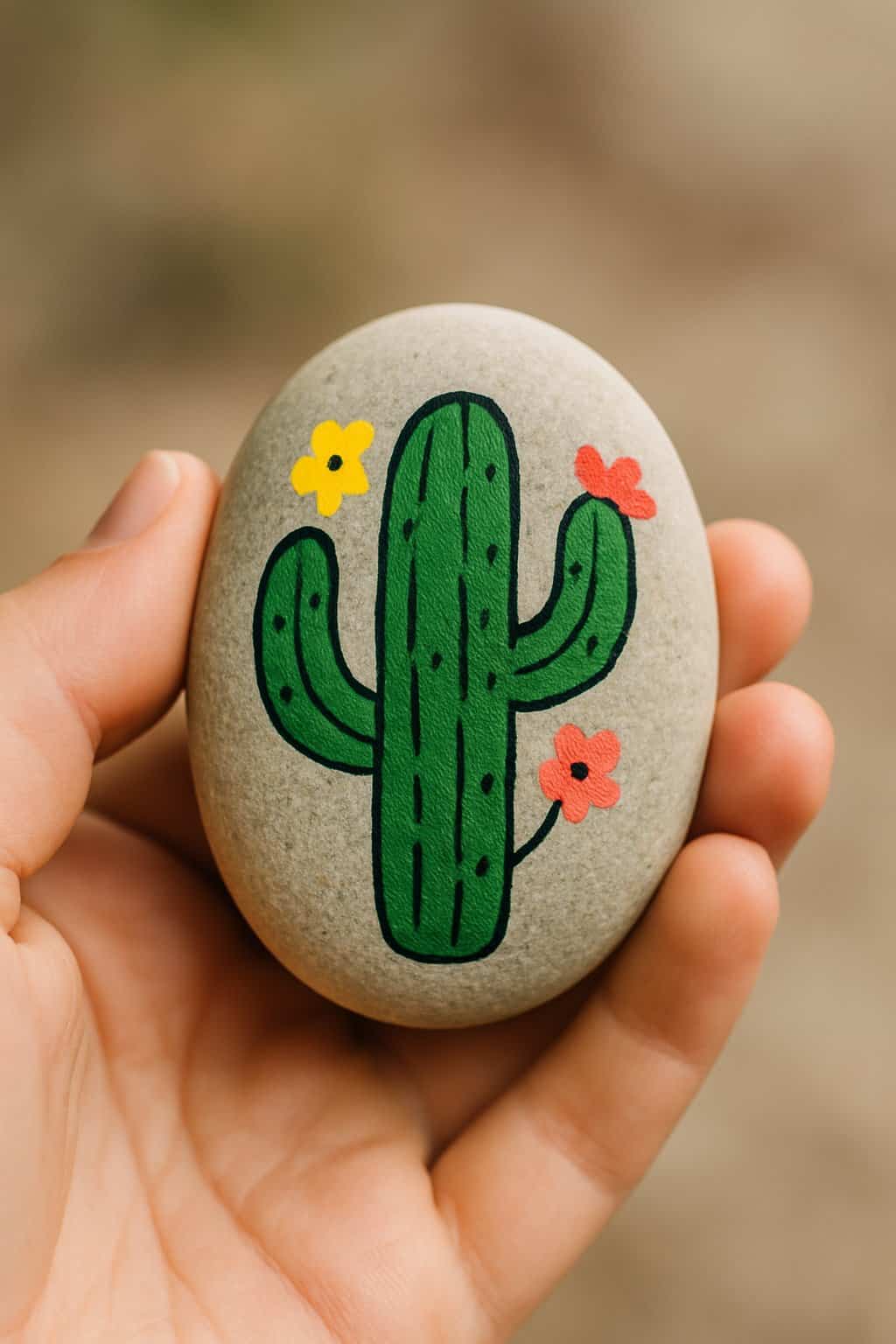 A hand holding a smooth river rock painted with a green cactus and colorful flowers.