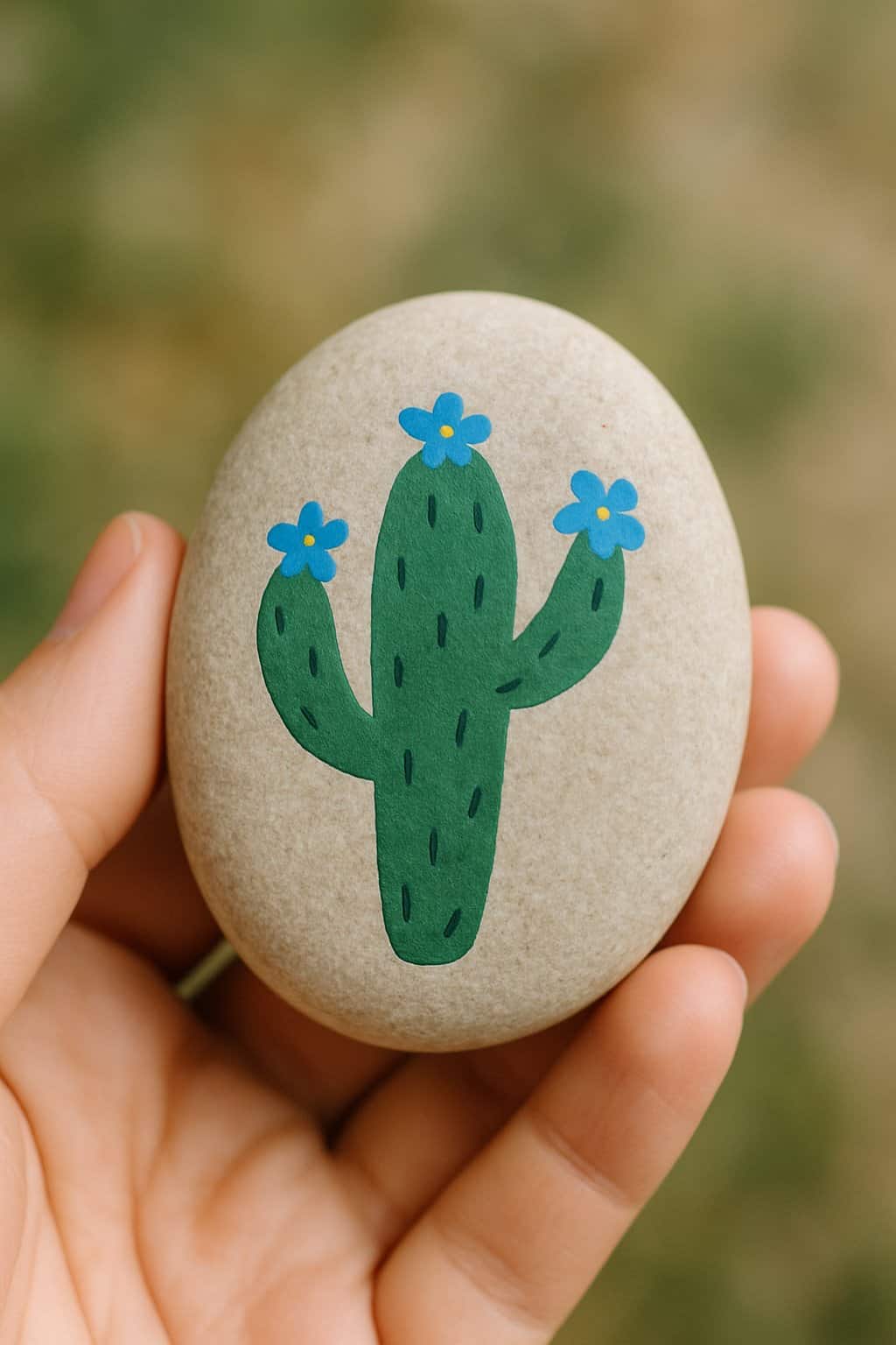 A hand holding a smooth river rock painted with a green cactus and blue flowers.