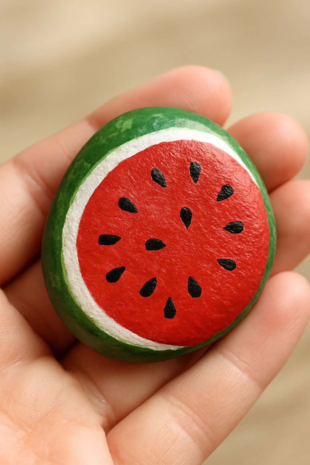 A hand holding a smooth river rock painted to look like a watermelon slice.