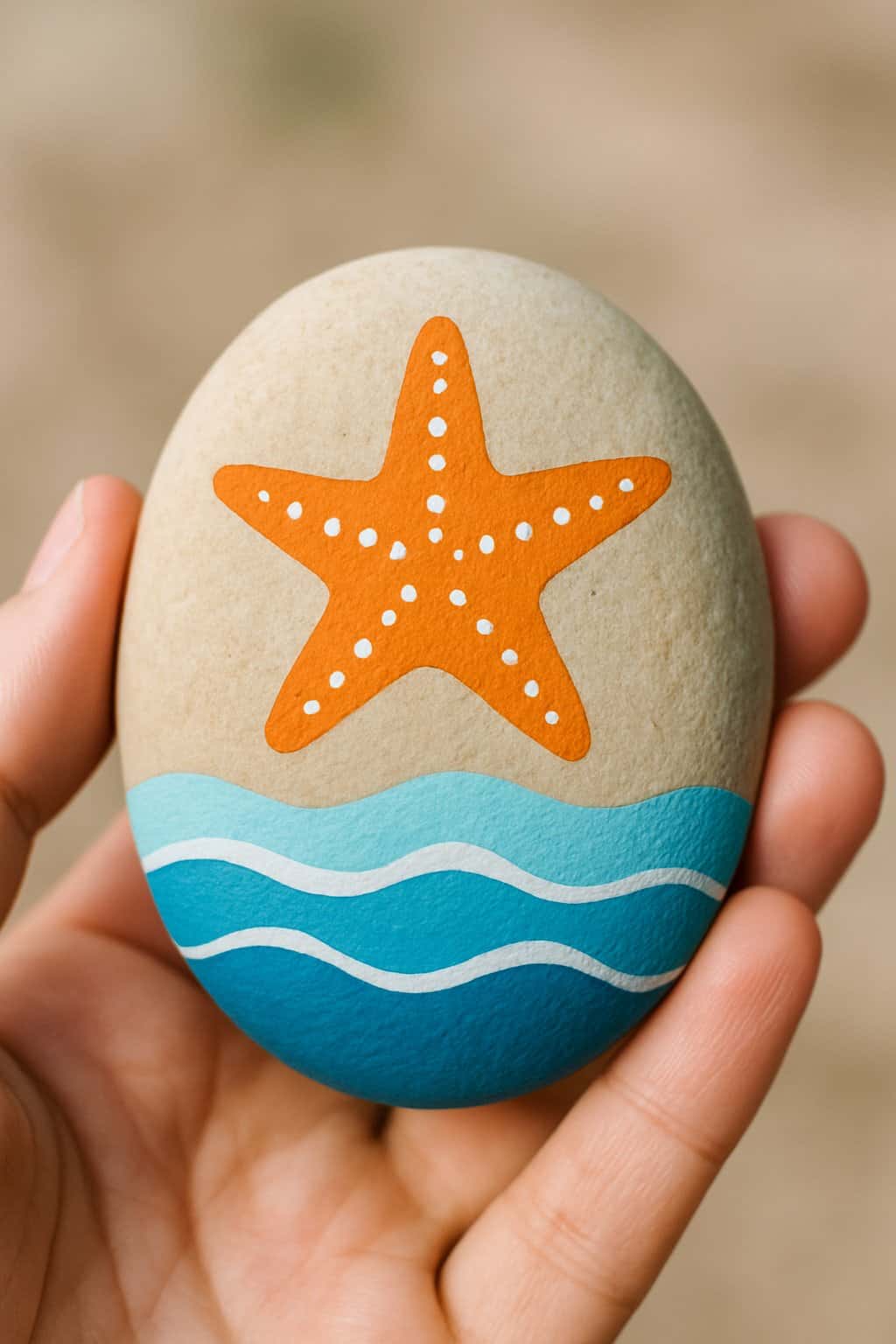 A hand holding a smooth river rock painted with a starfish and ocean waves design.