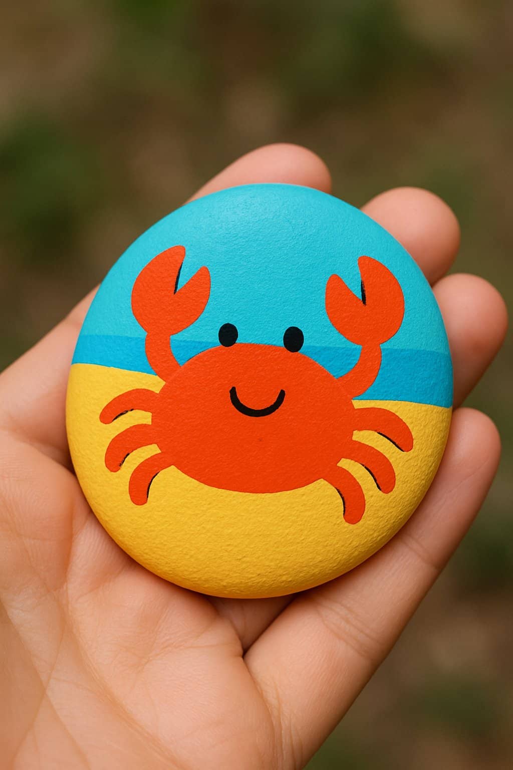 A hand holding a smooth river rock painted with a colorful crab design.