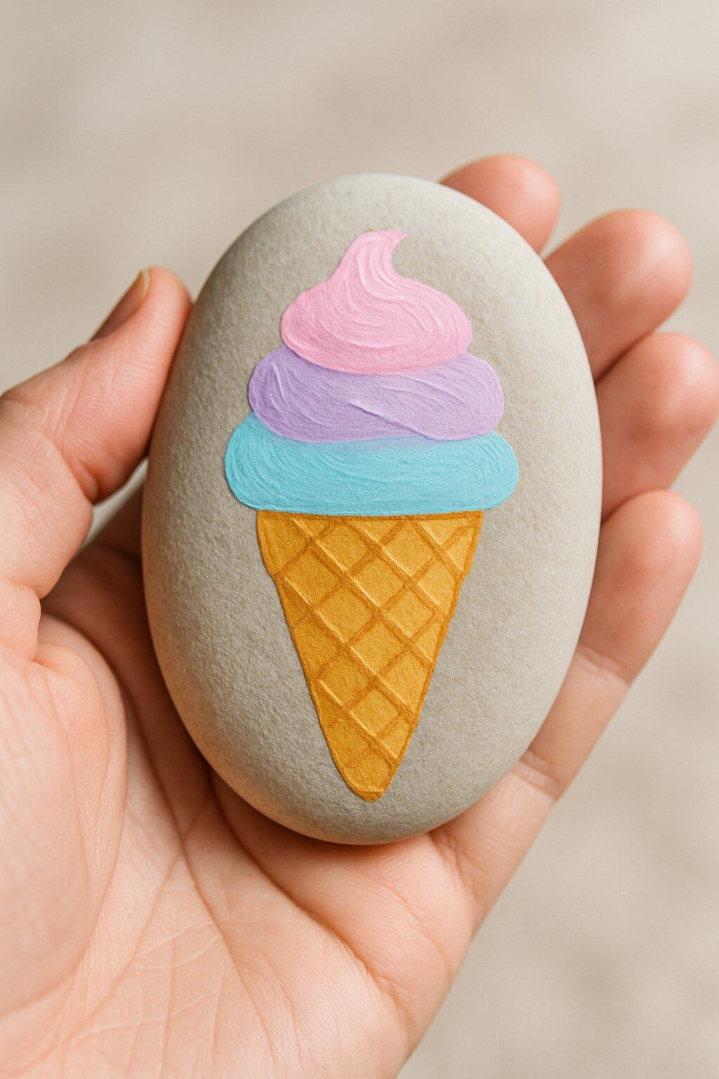 A hand holding a smooth river rock painted with an ice cream cone design.