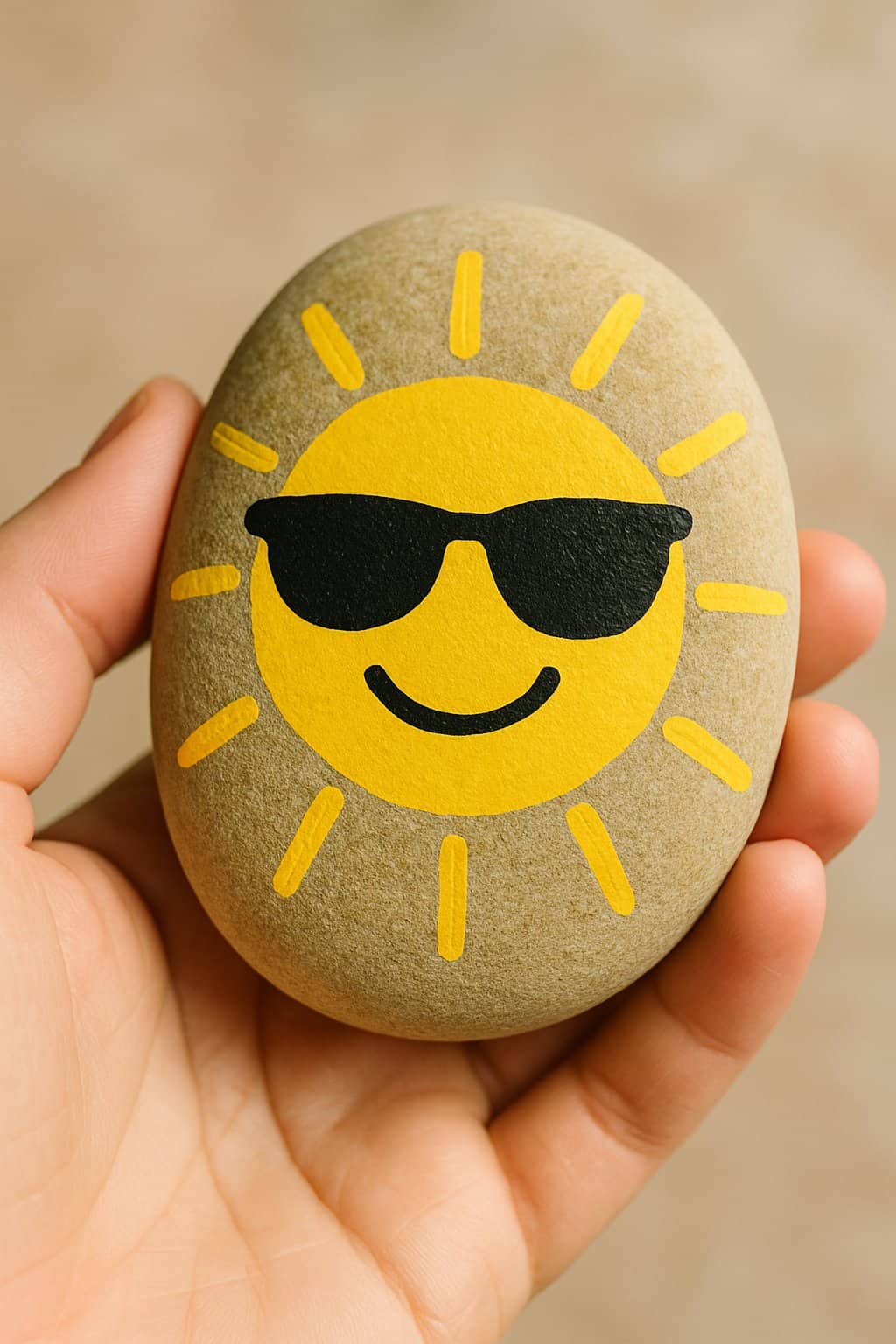A hand holding a smooth river rock painted with a sun wearing sunglasses.