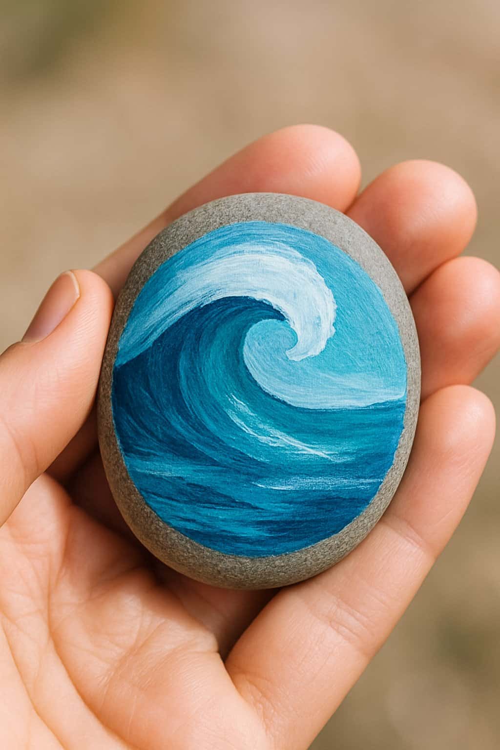 A hand holding a smooth river rock painted with an ocean wave design.