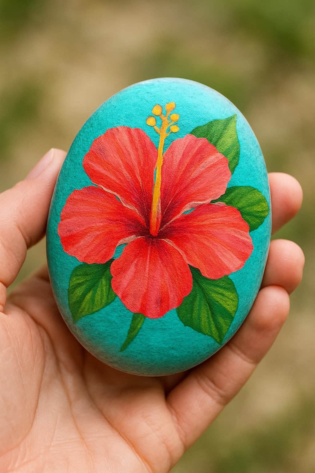 A hand holding a smooth river rock painted with a tropical hibiscus flower design.