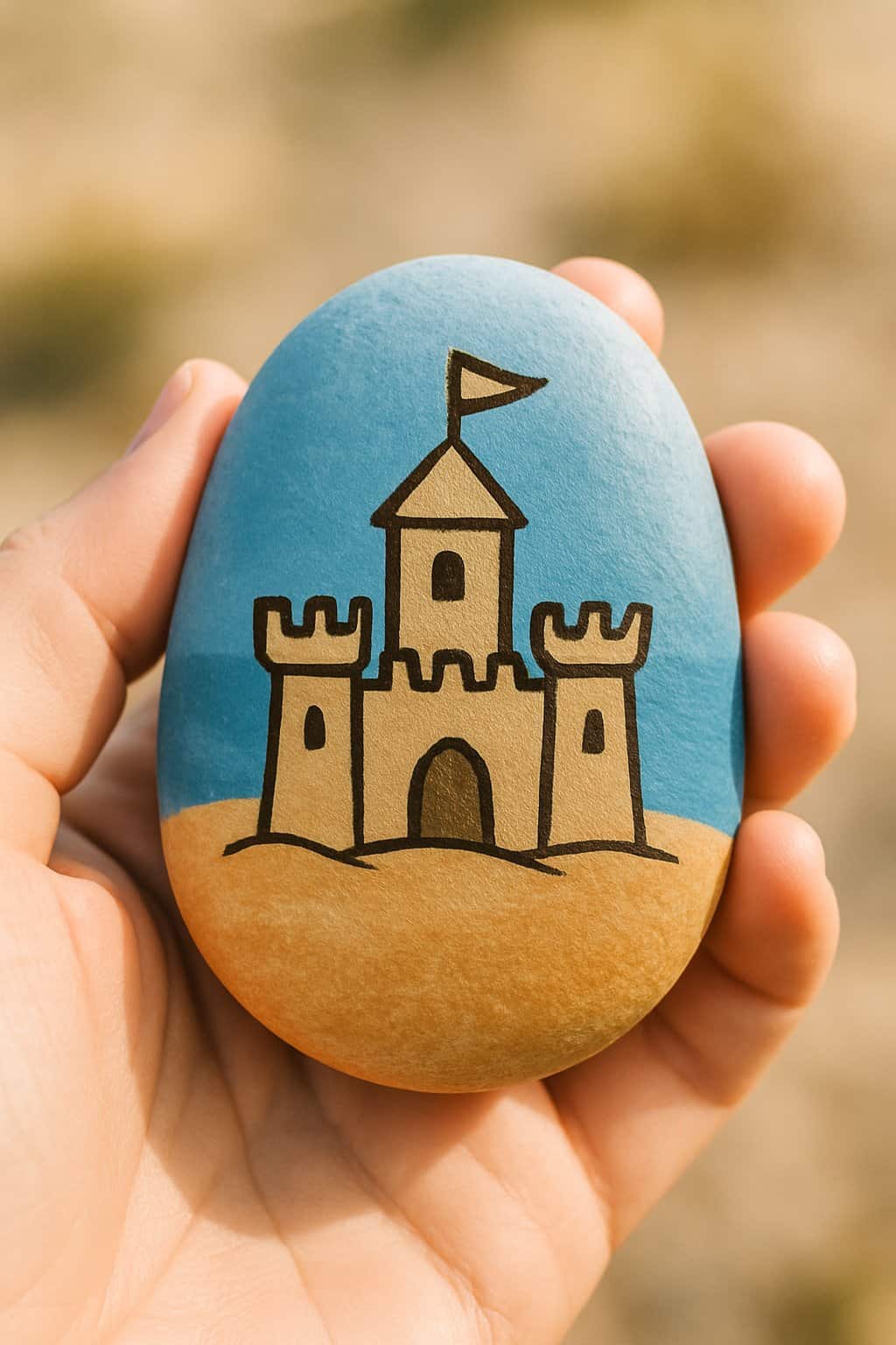 A hand holding a smooth river rock painted with a simple sandcastle outline.