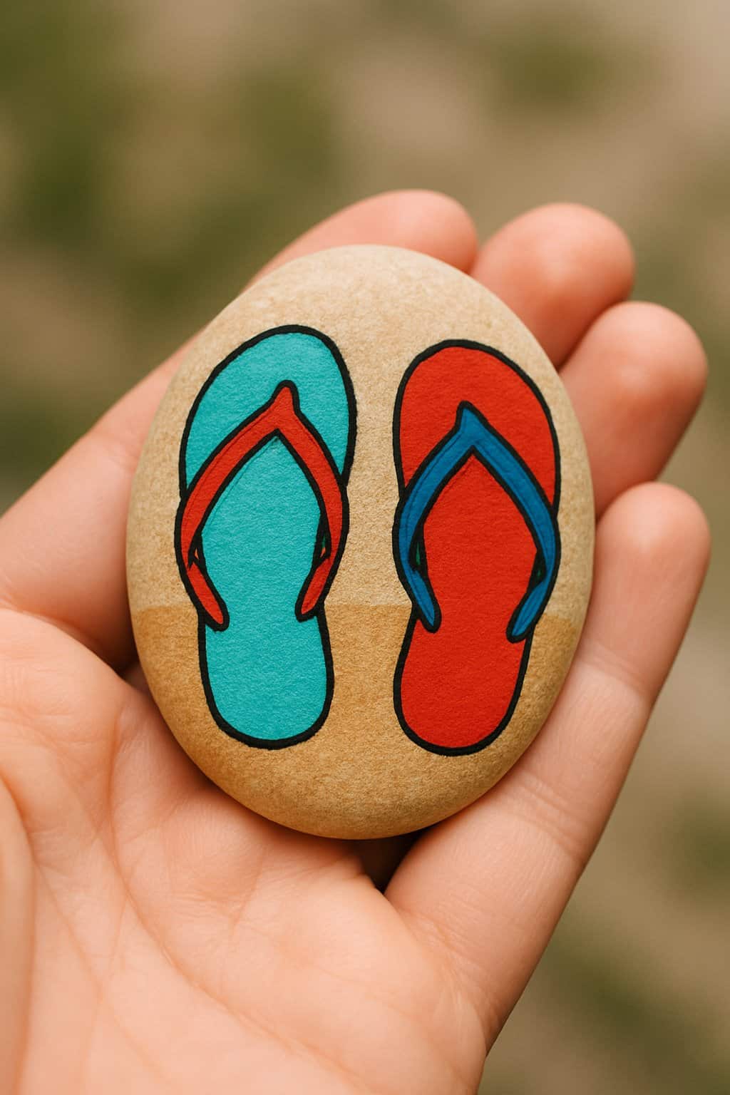 A hand holding a smooth river rock painted with a colorful flip-flop design on a sandy background.