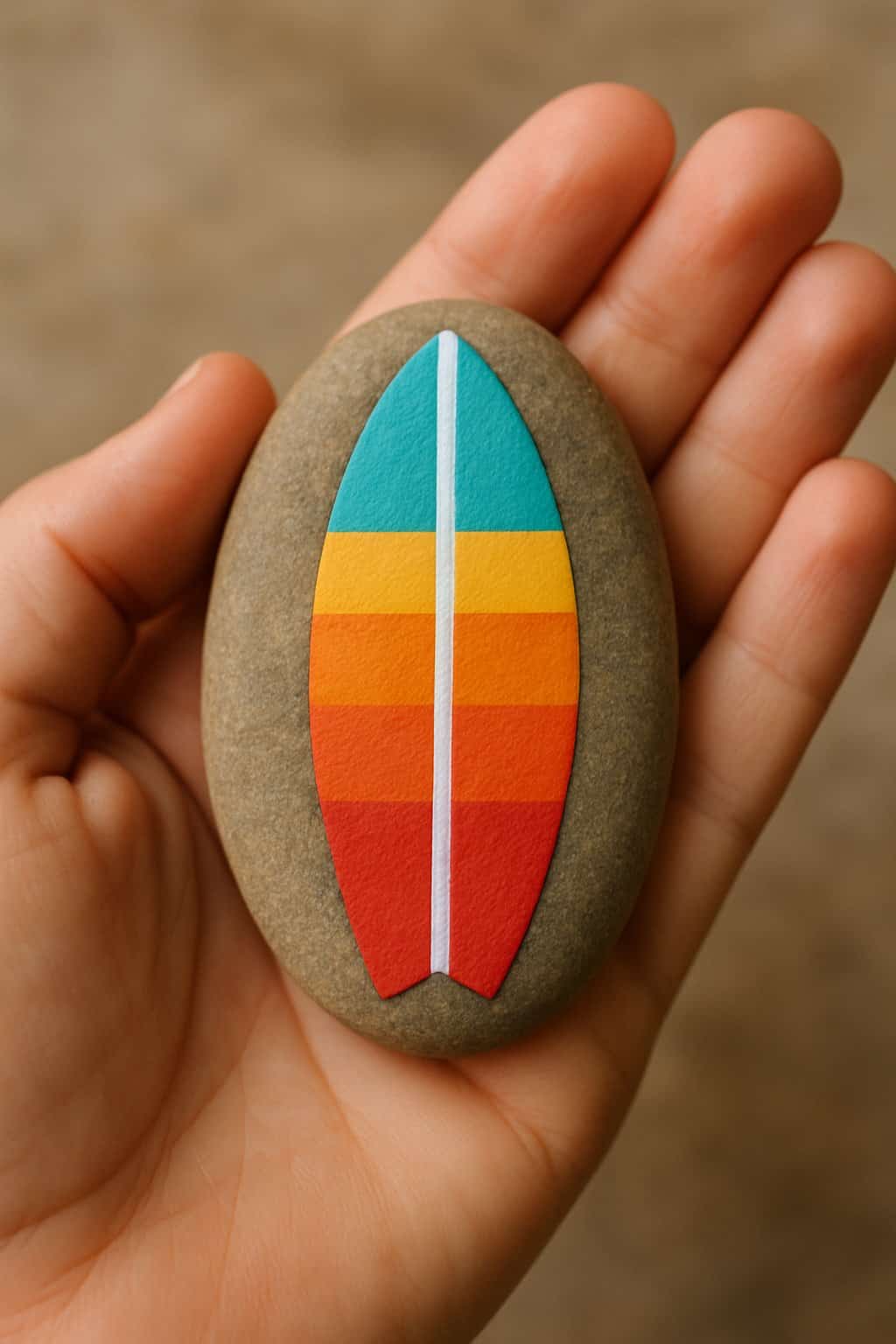 A hand holding a smooth river rock painted with colorful stripes.