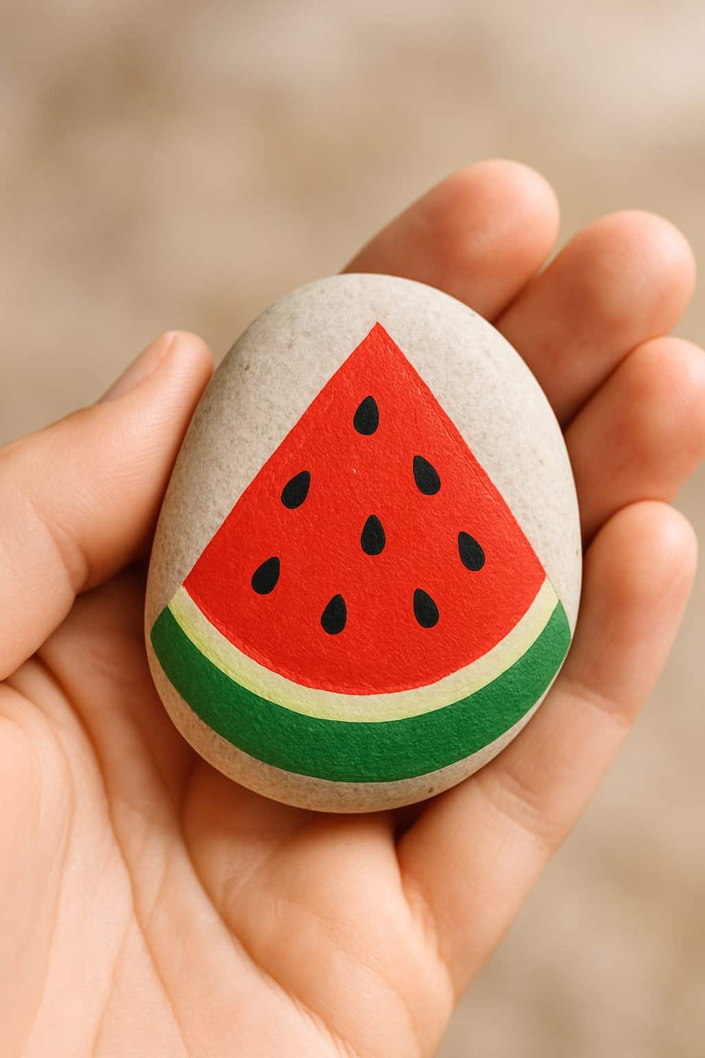 A hand holding a smooth river rock painted with a watermelon slice design.