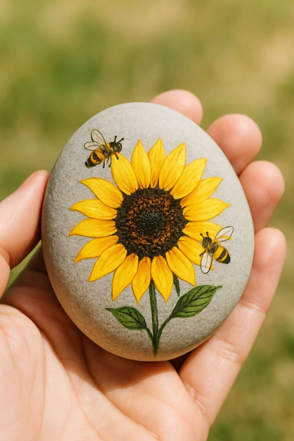 A hand holding a smooth river rock painted with a sunflower and bees.