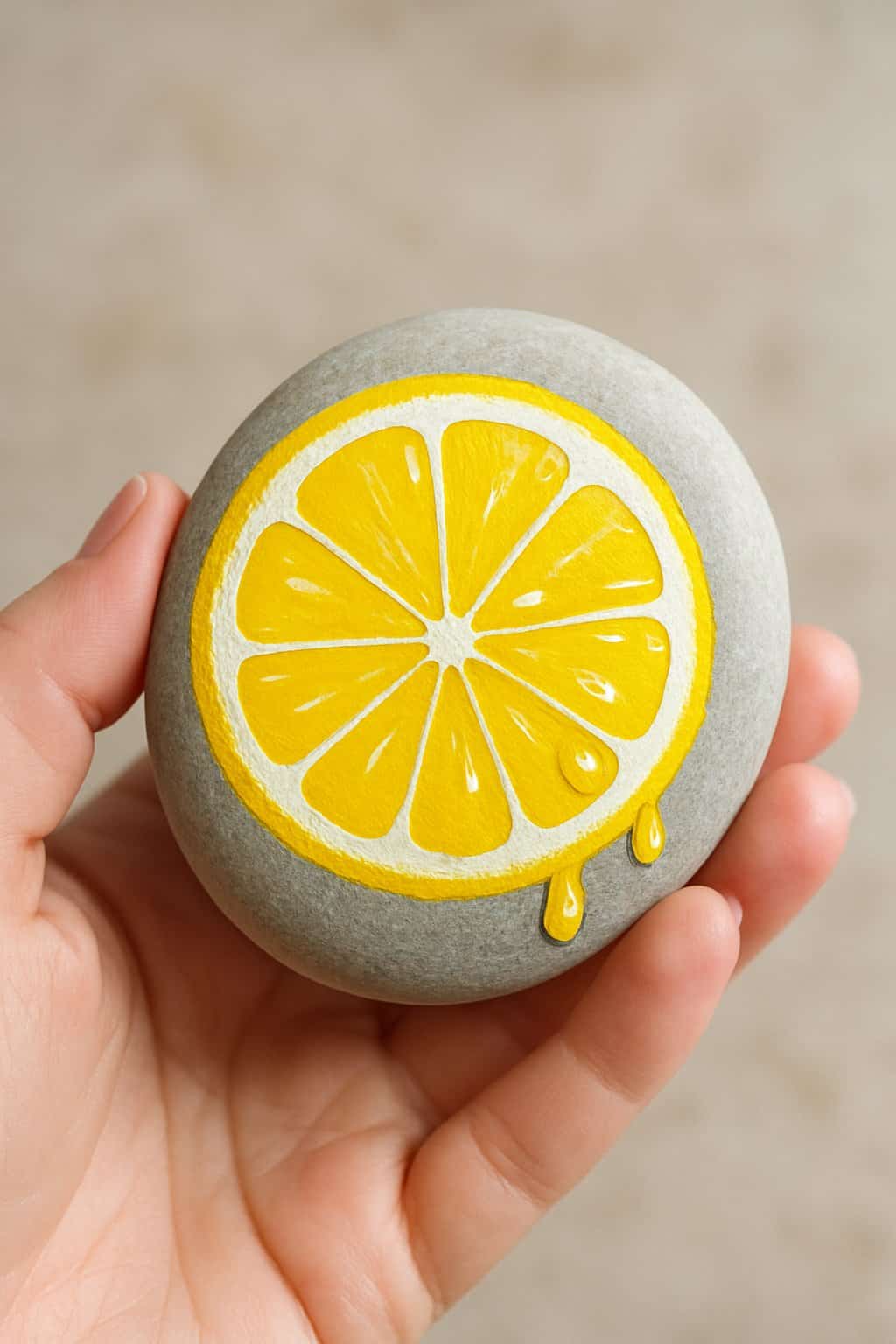 A hand holding a smooth river rock painted with a lemon slice design and juice drops.