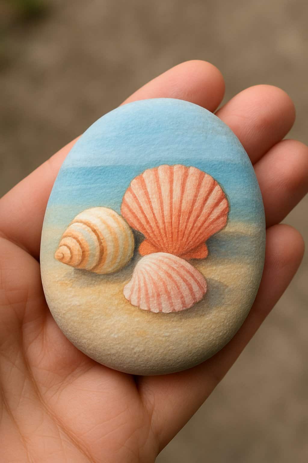 A hand holding a smooth river rock painted with a cluster of seashells.