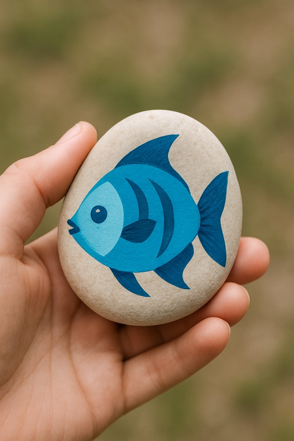 A hand holding a smooth river rock painted with a blue ocean fish design.