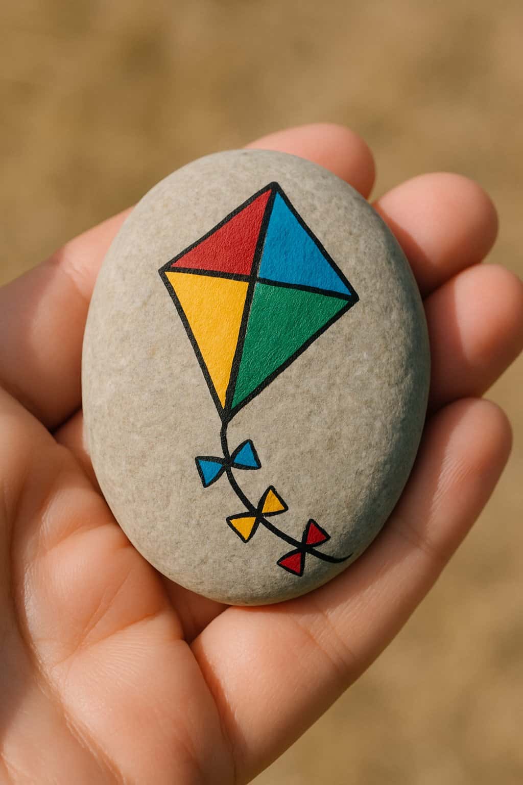 A hand holding a smooth river rock painted with a colorful kite design.