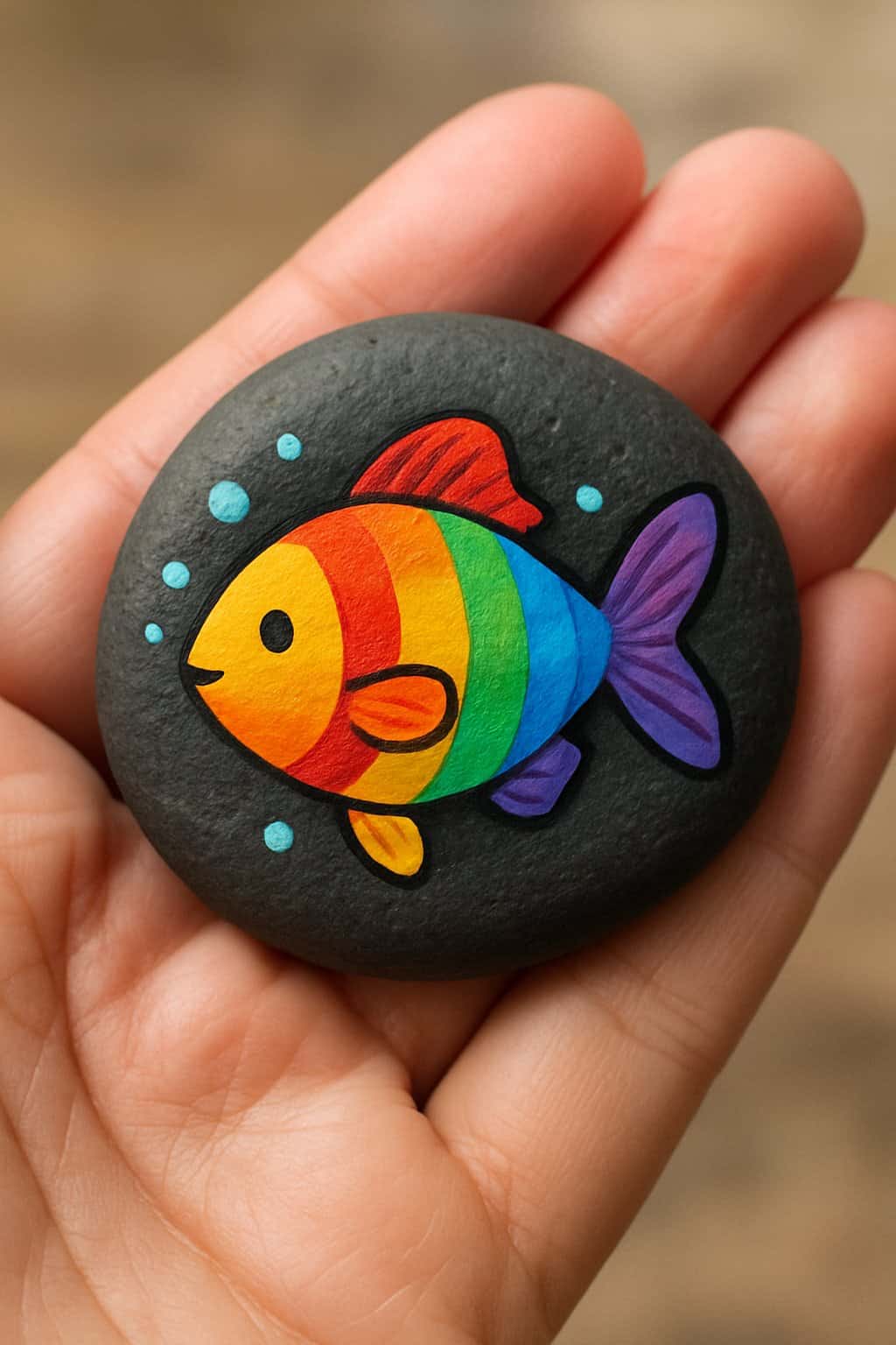 A hand holding a smooth river rock painted with a rainbow fish and bubbles.