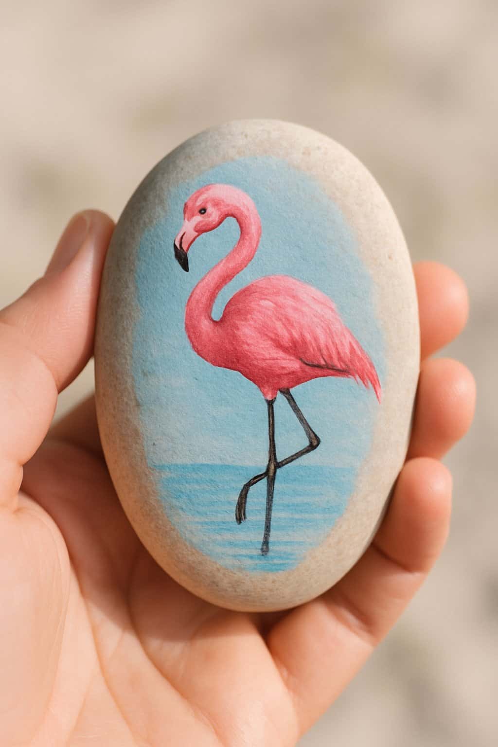 A hand holding a smooth river rock painted with a pink flamingo design.