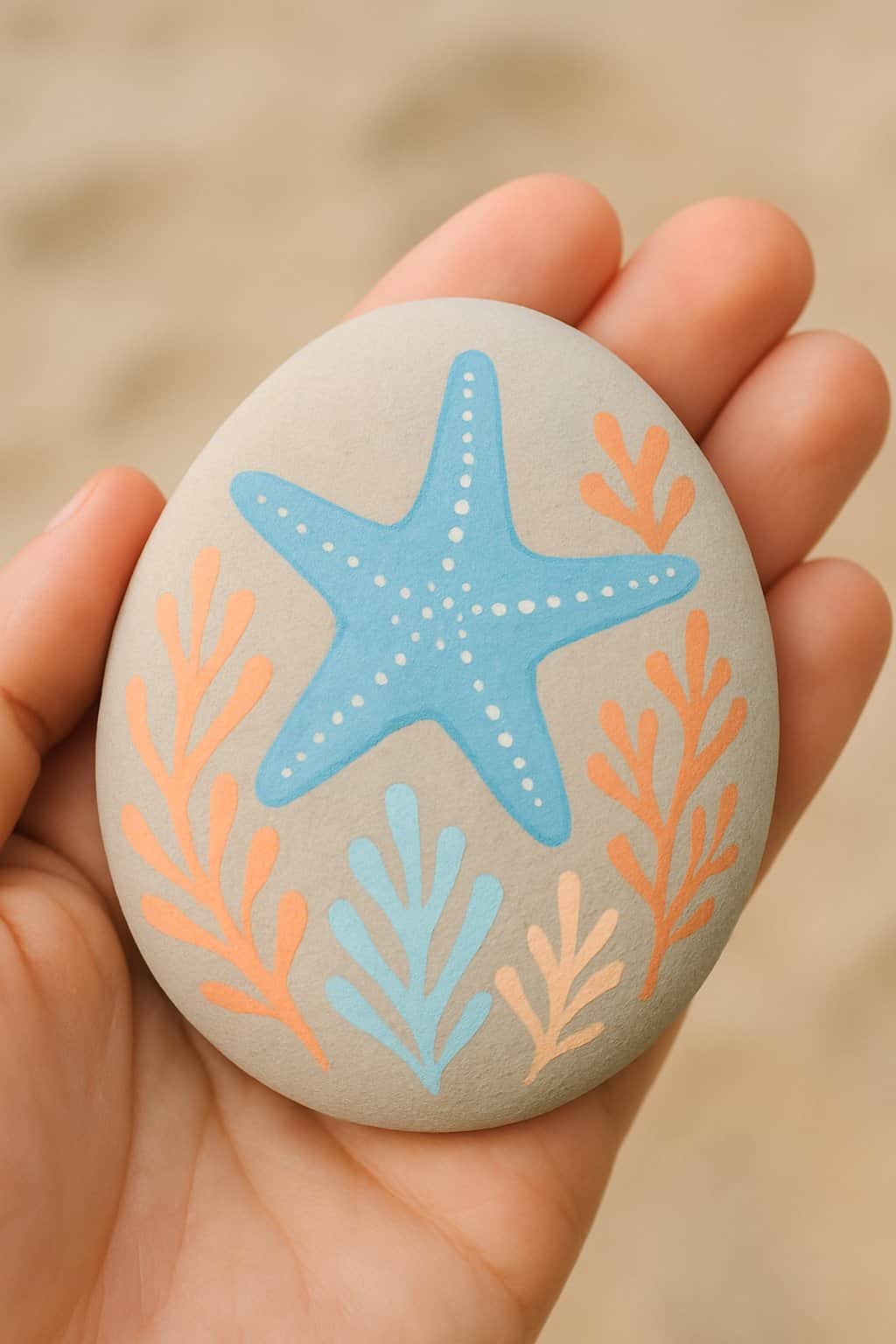 A hand holding a smooth river rock painted with an ocean star and coral design.