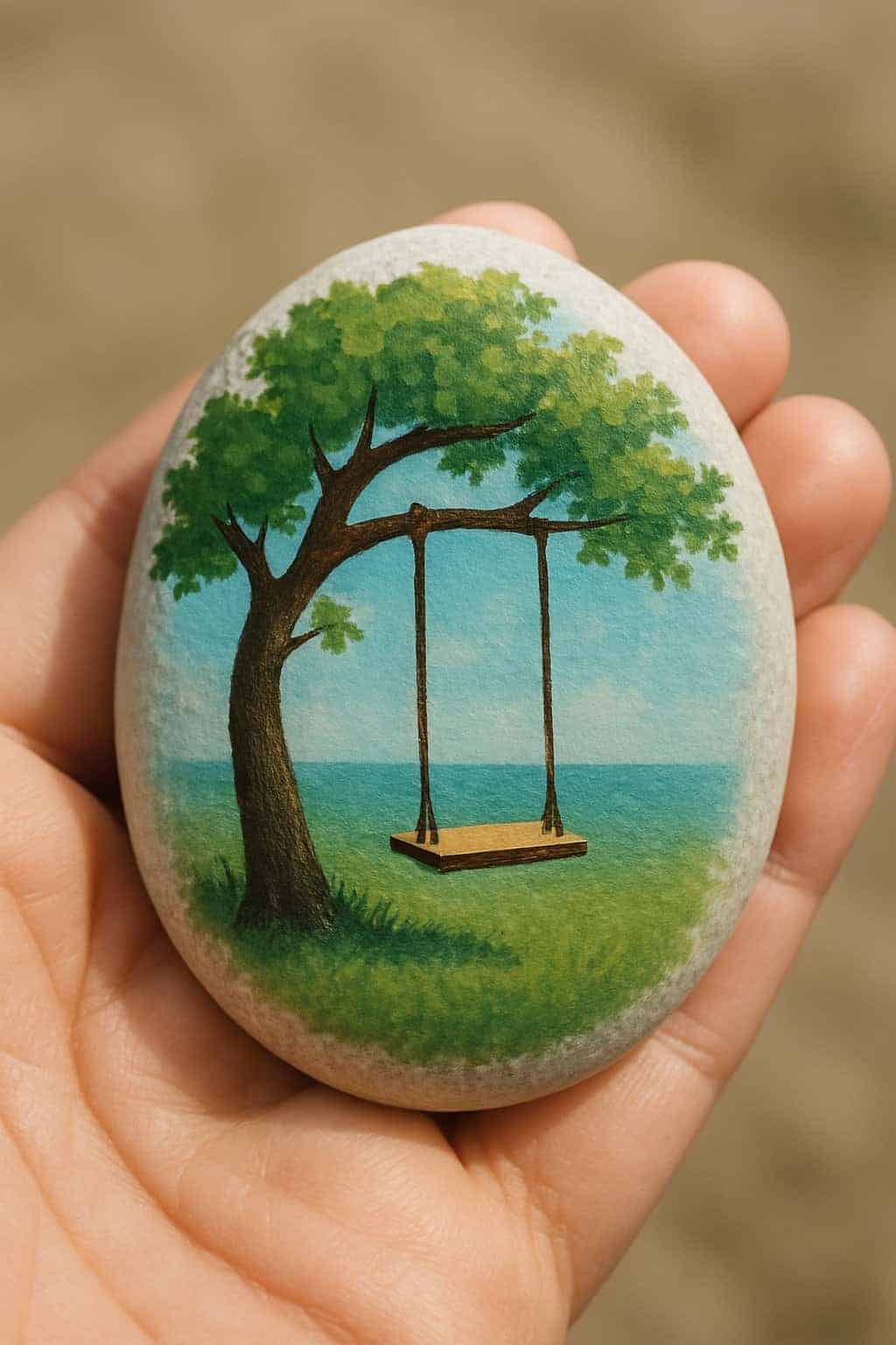 A hand holding a smooth river rock painted with a simple summer-themed design of a swing hanging from a tree.