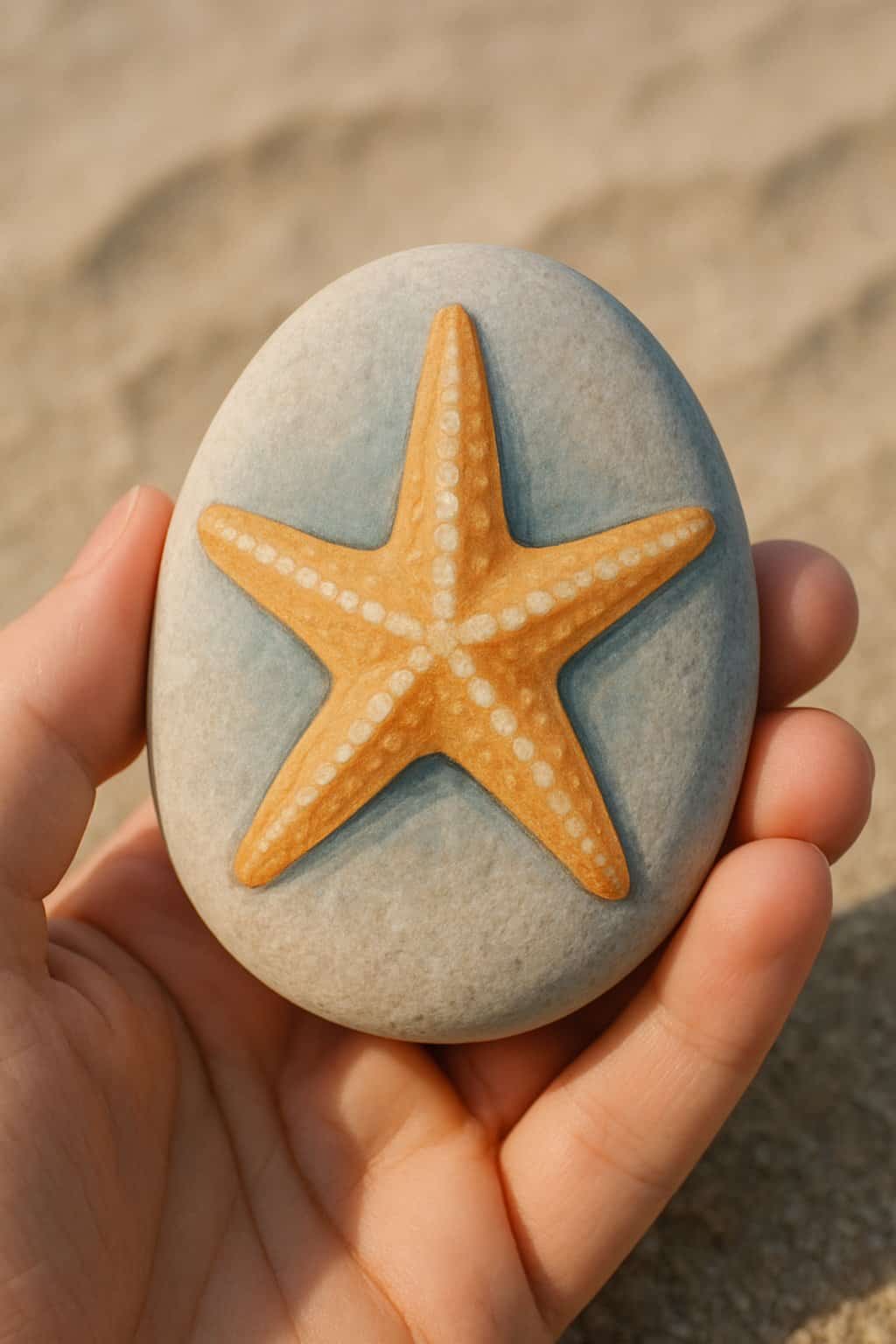 A hand holding a smooth river rock painted with a starfish design, with beach sand in the background.