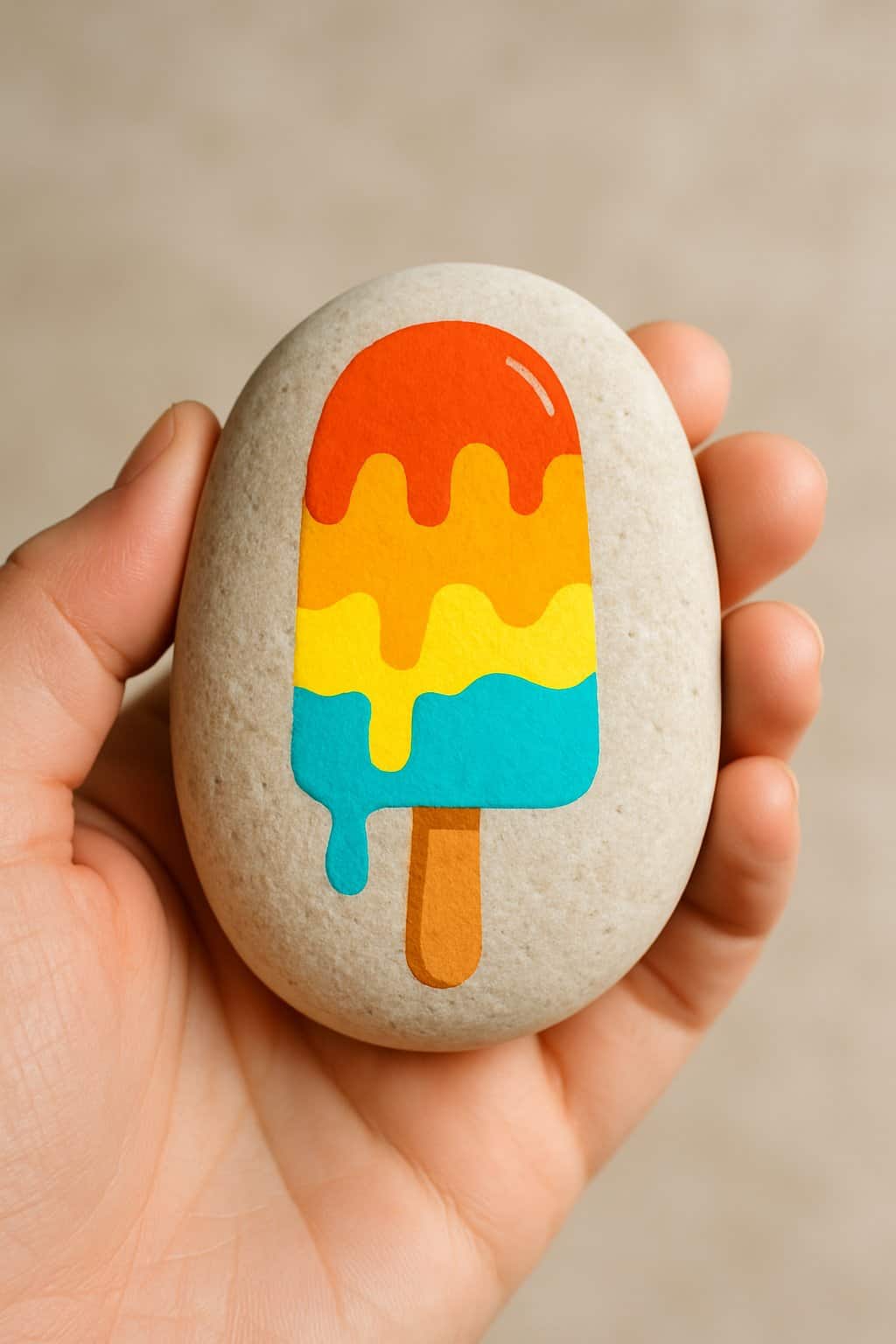 A hand holding a smooth river rock painted with a colorful popsicle design with melting drips.