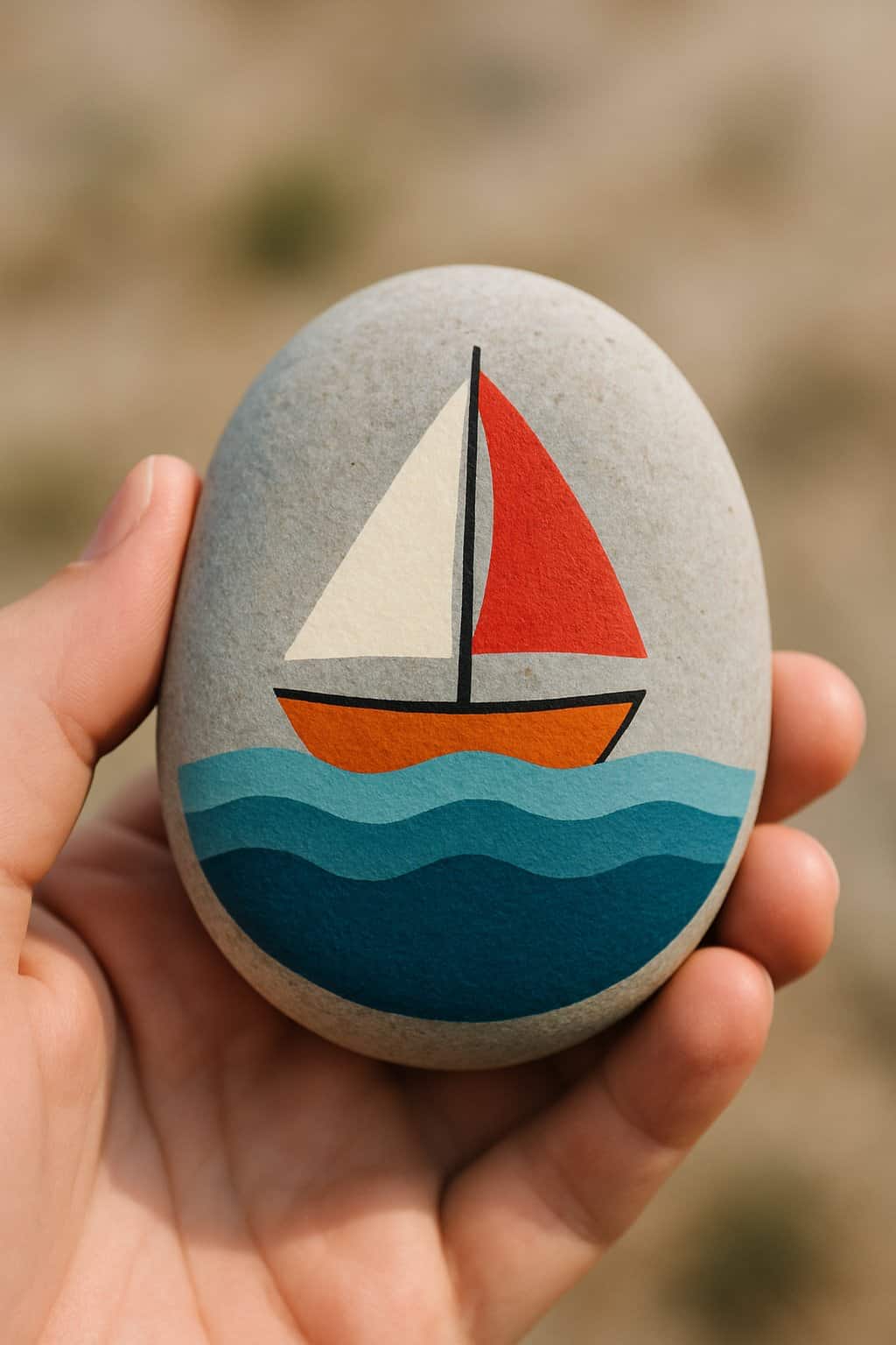 A hand holding a smooth river rock painted with a sailboat on waves.