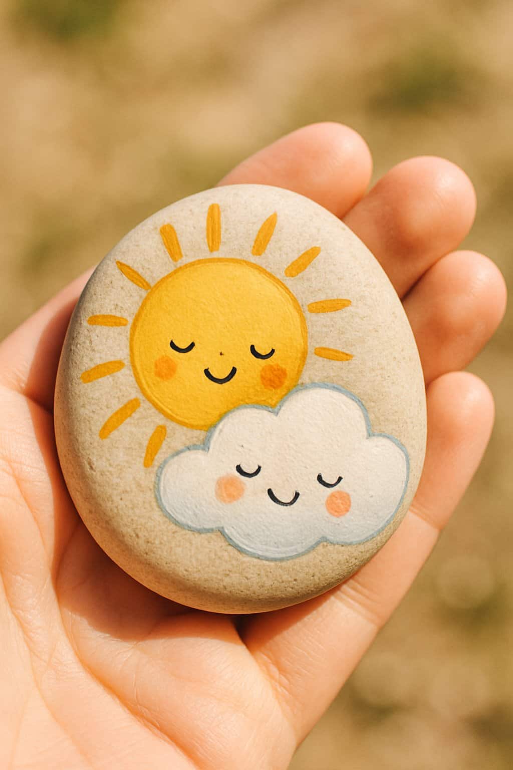 A hand holding a smooth river rock painted with faces of the sun and a cloud.