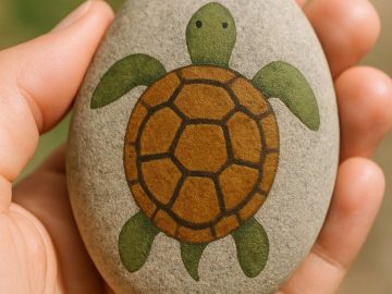A hand holds a smooth, oval gray stone painted with a simple green and brown turtle, with a hexagonal shell pattern and flippers, against a blurred outdoor background.