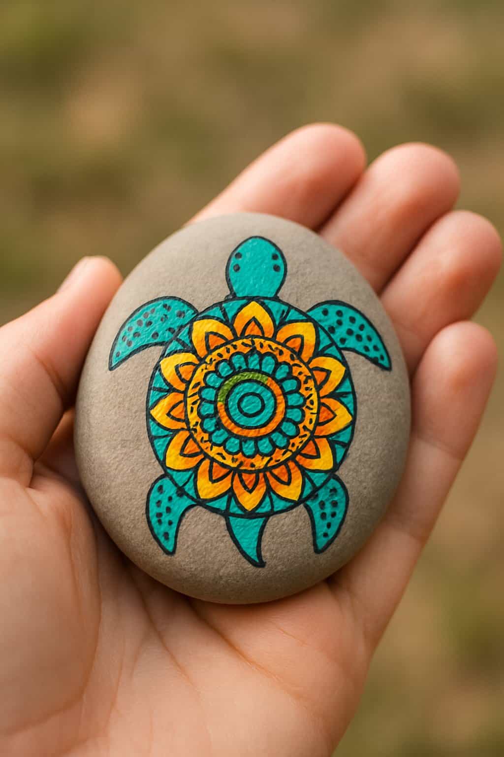 A hand holding a smooth painted rock with a colorful turtle shell design outdoors.