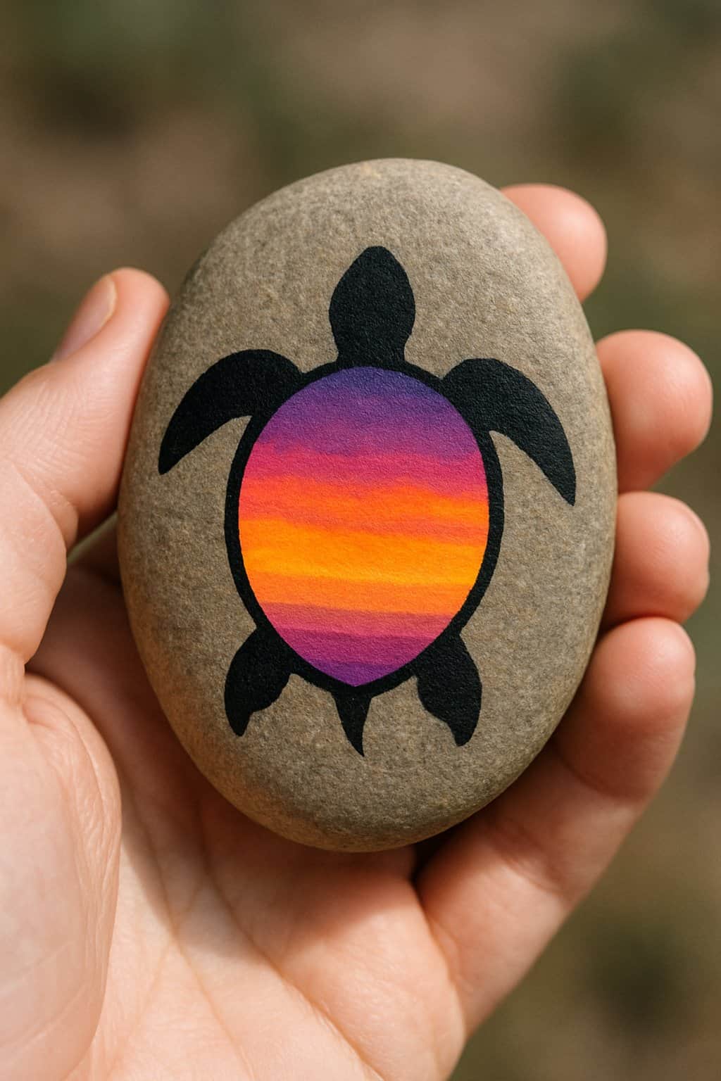A hand holding a smooth river rock painted with a turtle silhouette in sunset colors.