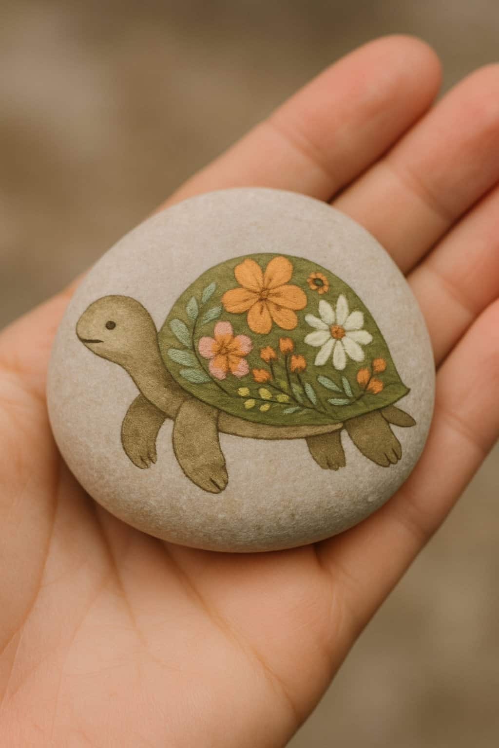 A hand holding a smooth river rock painted with a turtle and flowers on its shell.