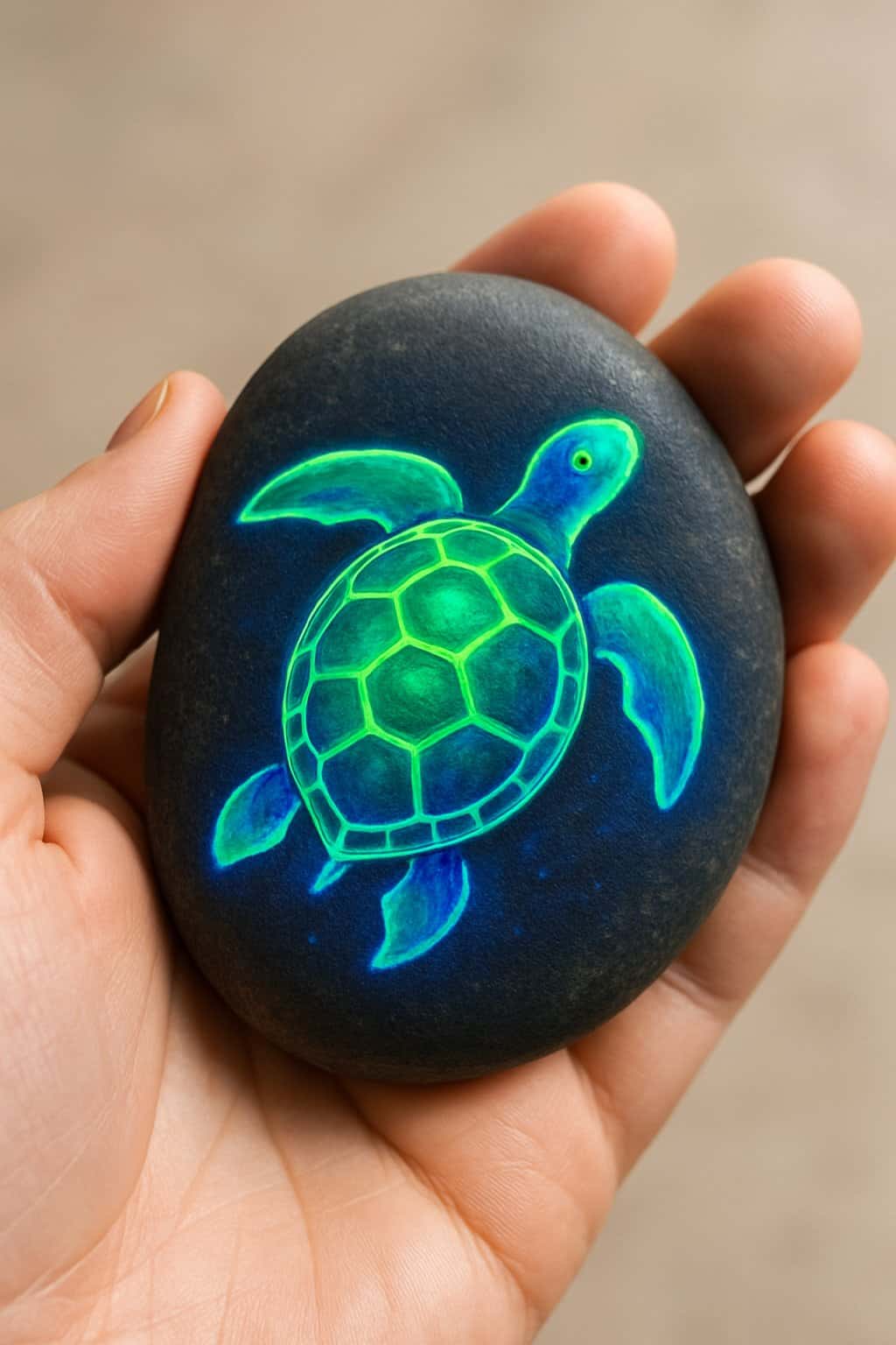 A hand holding a smooth river rock painted with a glowing neon turtle design.