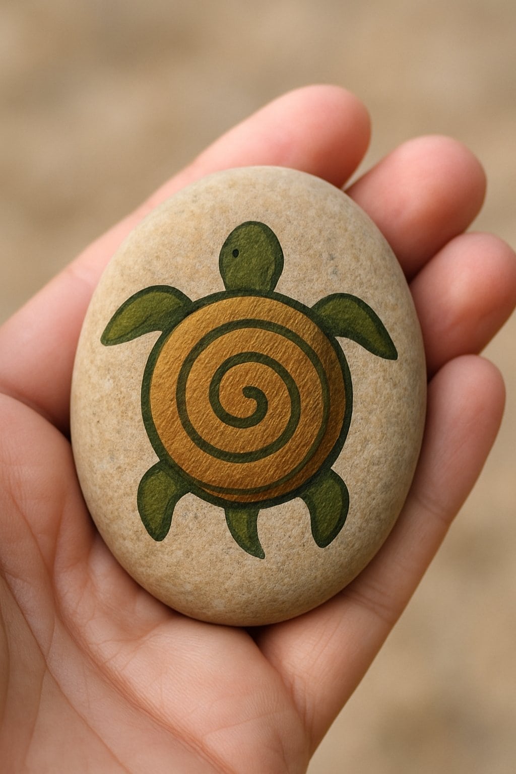 A hand holding a smooth river rock painted with a turtle design featuring a spiraling shell pattern.