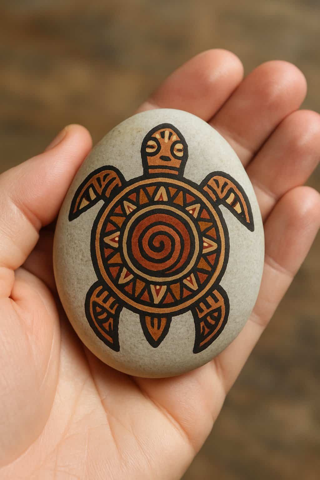 A hand holding a smooth river rock painted with a turtle design.