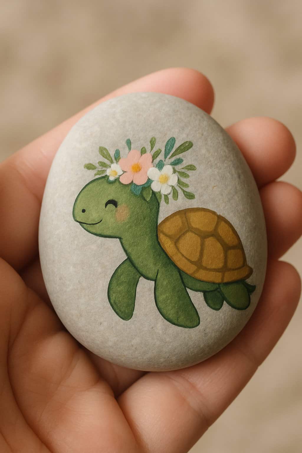 A hand holding a smooth river rock painted with a turtle wearing a floral crown.