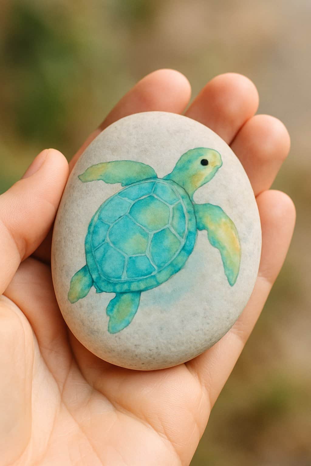 A hand holding a smooth river rock painted with a turtle design.