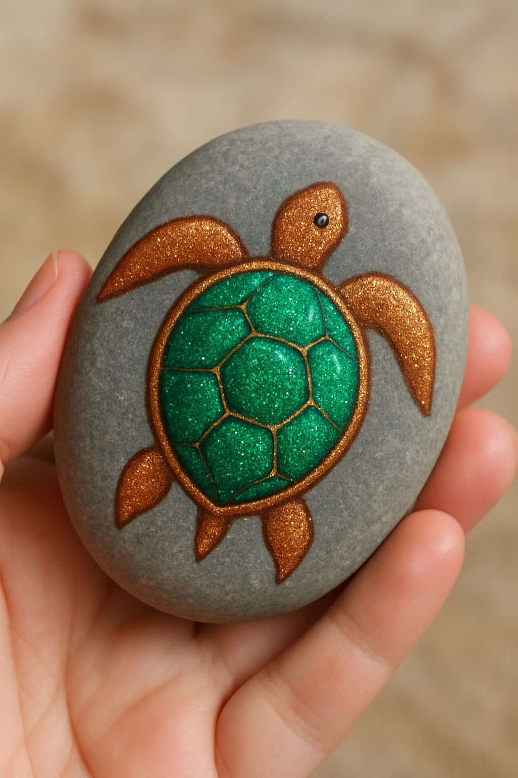 A hand holding a smooth river rock painted with a turtle design.