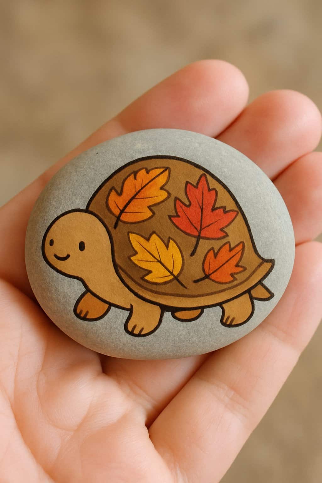A hand holding a smooth river rock painted with a turtle and autumn leaves.
