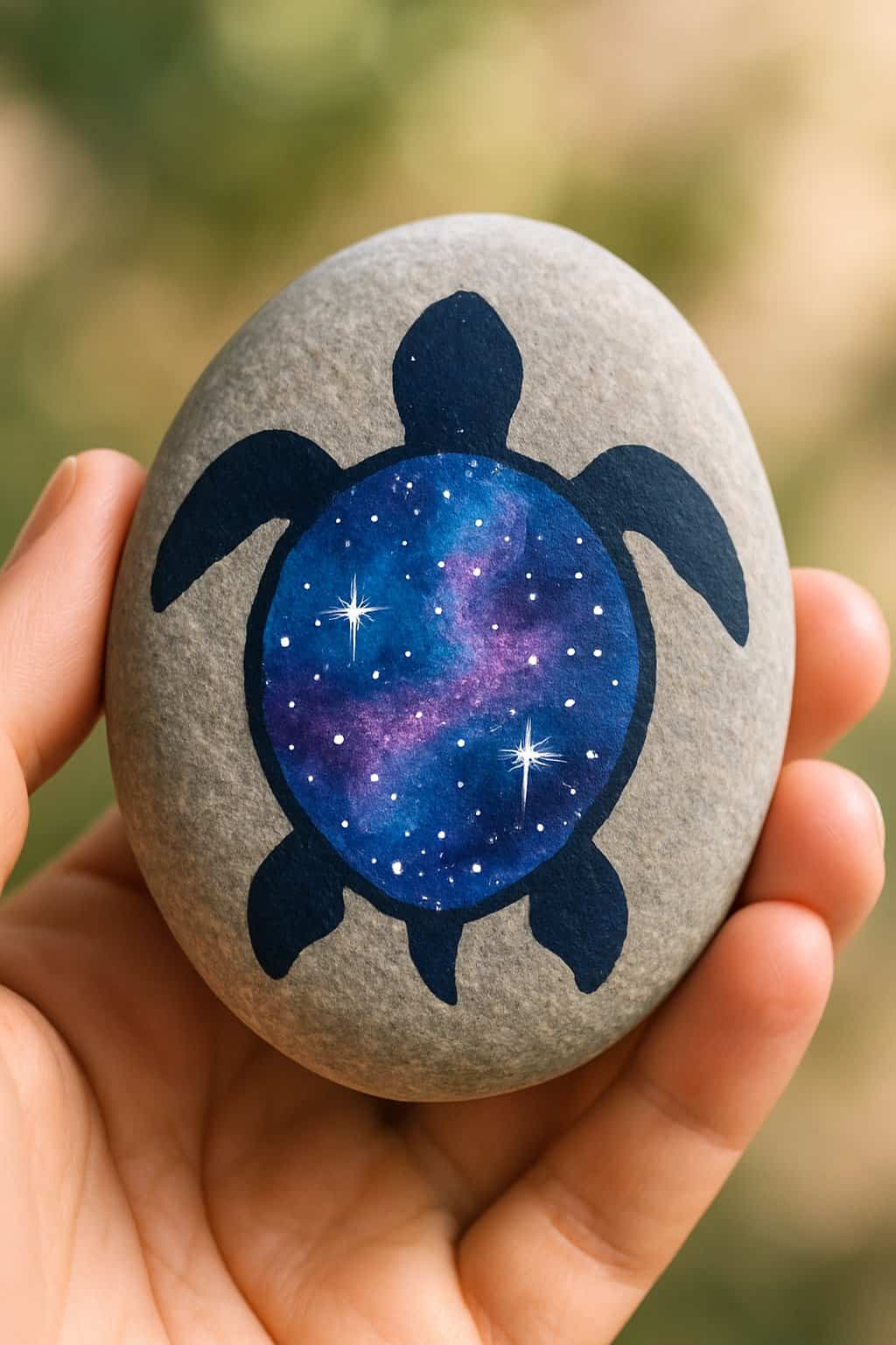 A hand holding a smooth river rock painted with a turtle design featuring a colorful cosmic galaxy shell.