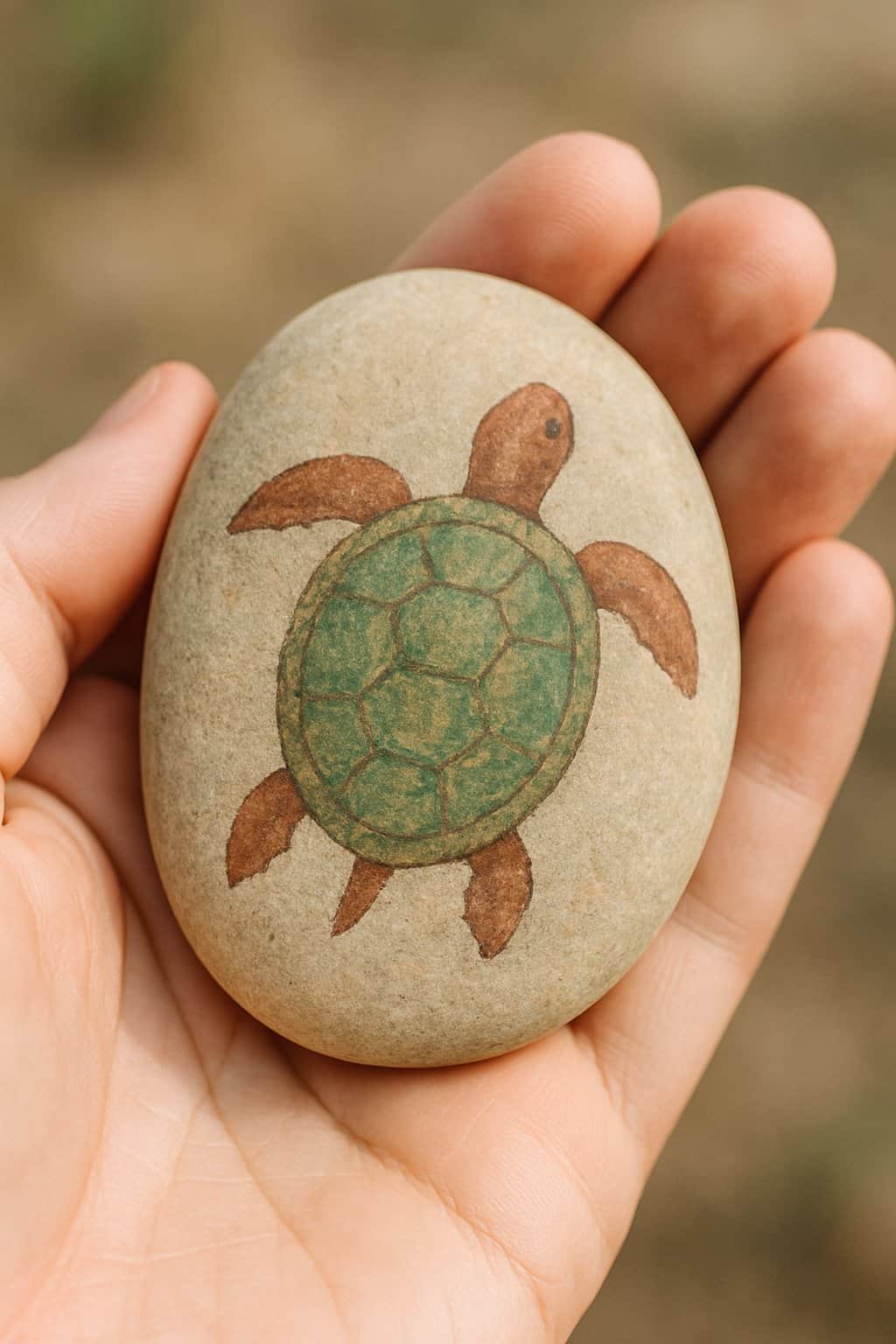 A hand holding a smooth river rock painted with a turtle design.