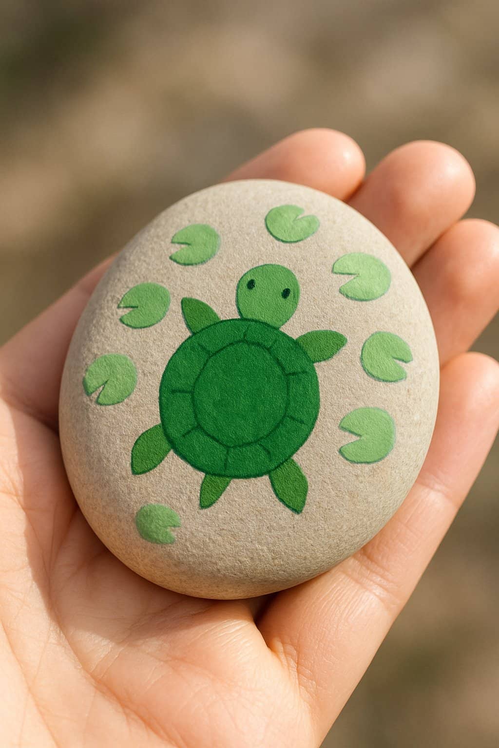 A hand holding a smooth river rock painted with a green turtle and lily pads.