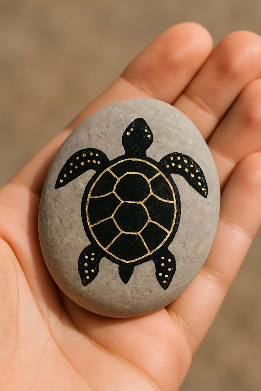 A hand holding a smooth river rock painted with a black turtle and gold details.