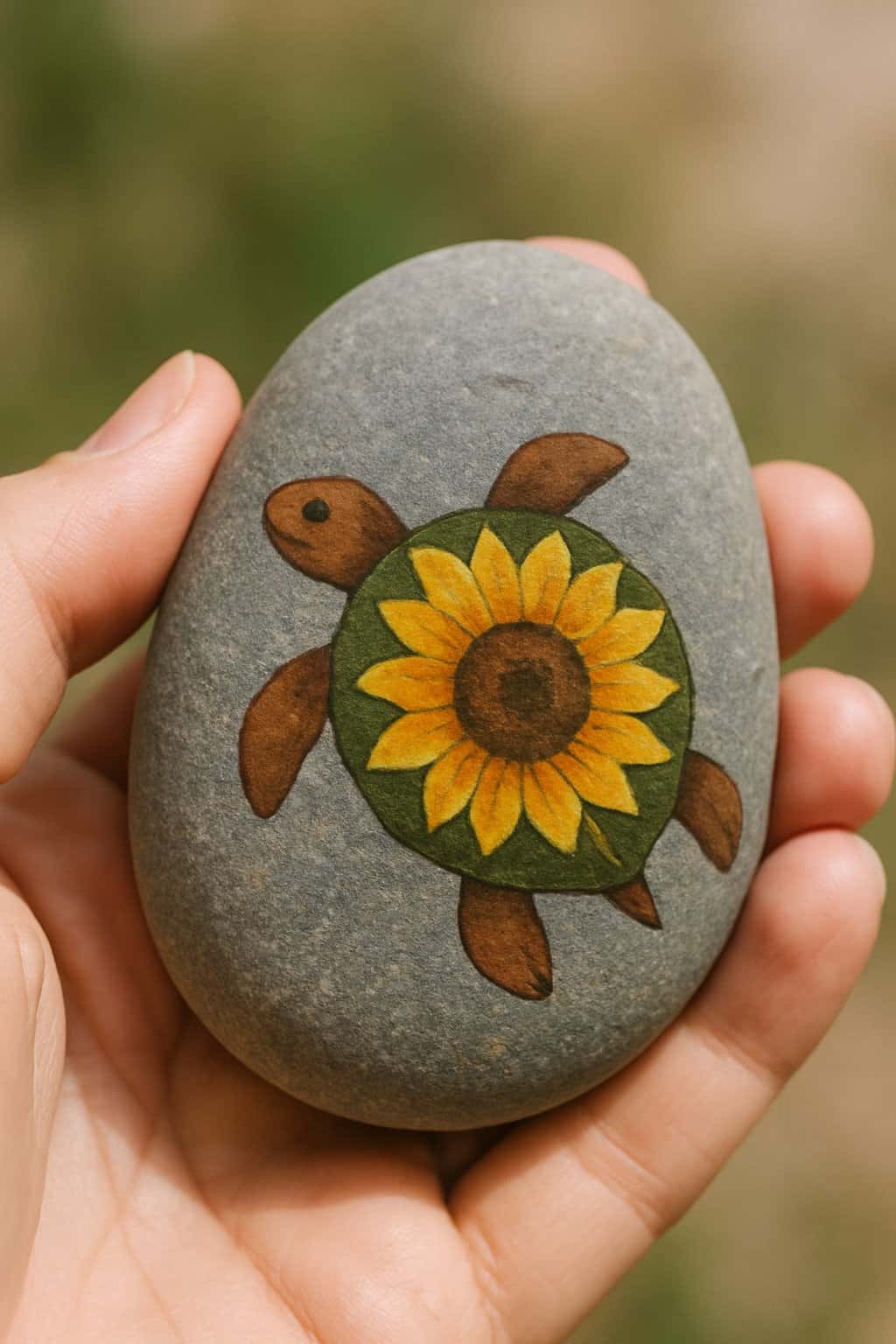 A hand holding a smooth river rock painted with a turtle design featuring a sunflower pattern on its shell.