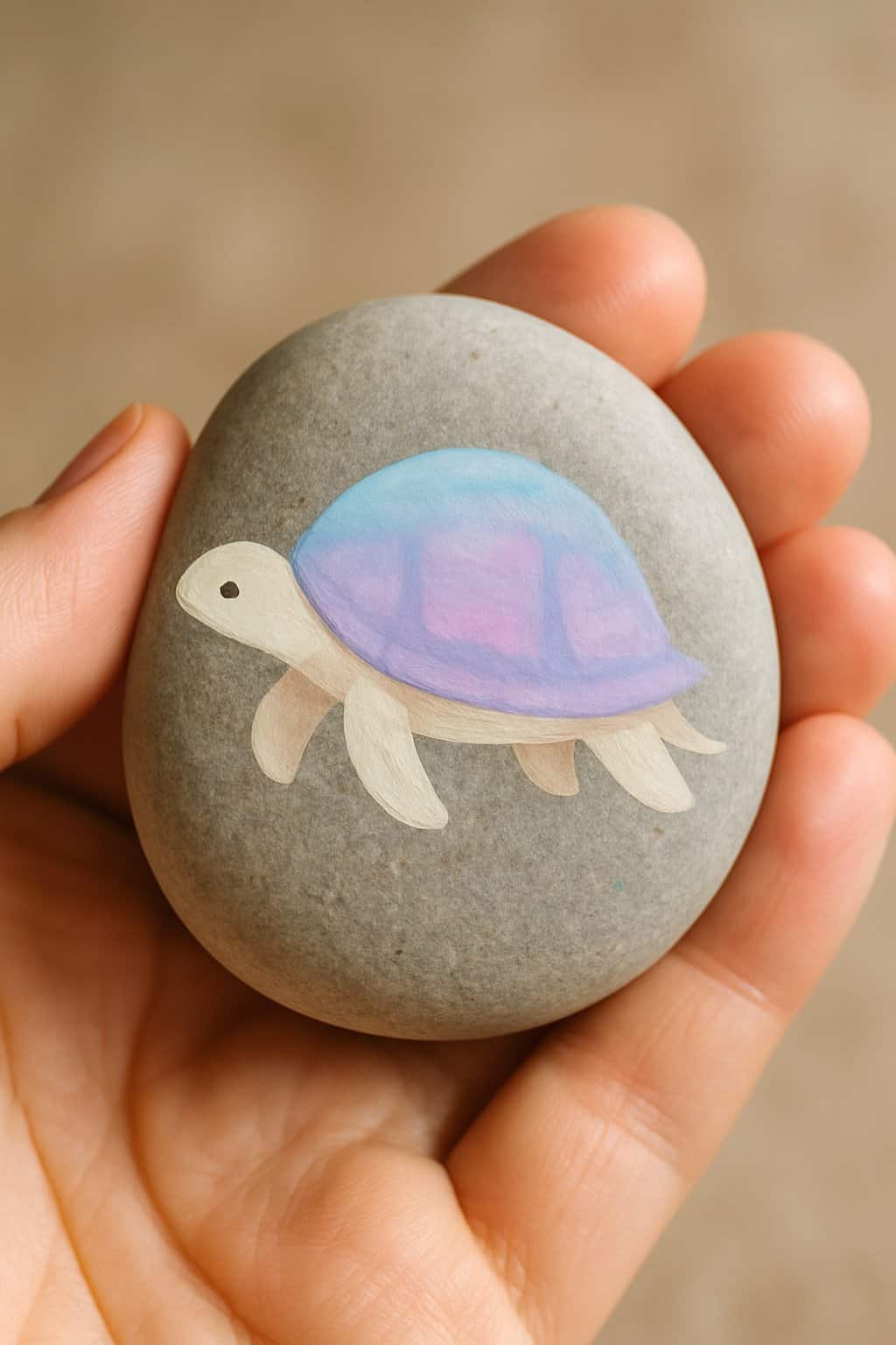 A hand holding a smooth river rock painted with a simple turtle design featuring a pastel gradient shell.
