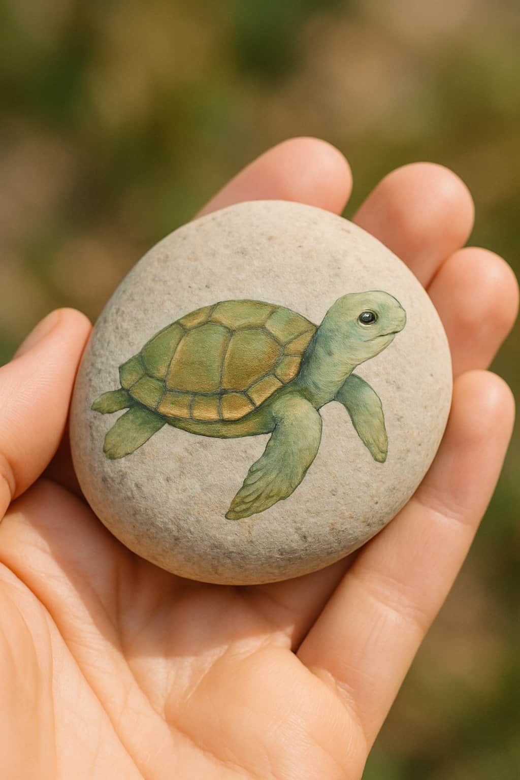 A hand holding a smooth river rock painted with a small turtle design.