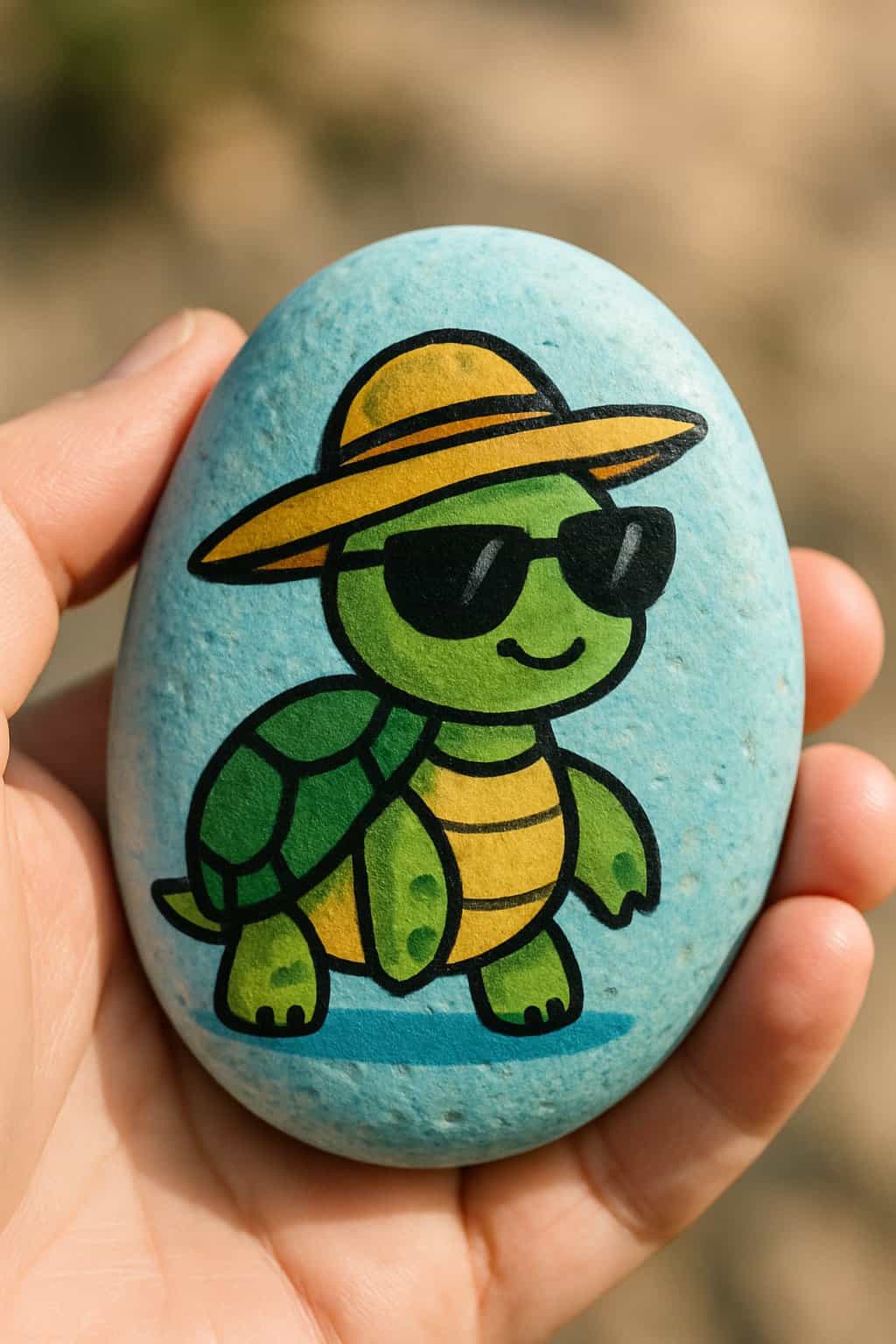 A hand holding a smooth river rock painted with a turtle wearing sunglasses and a beach hat.