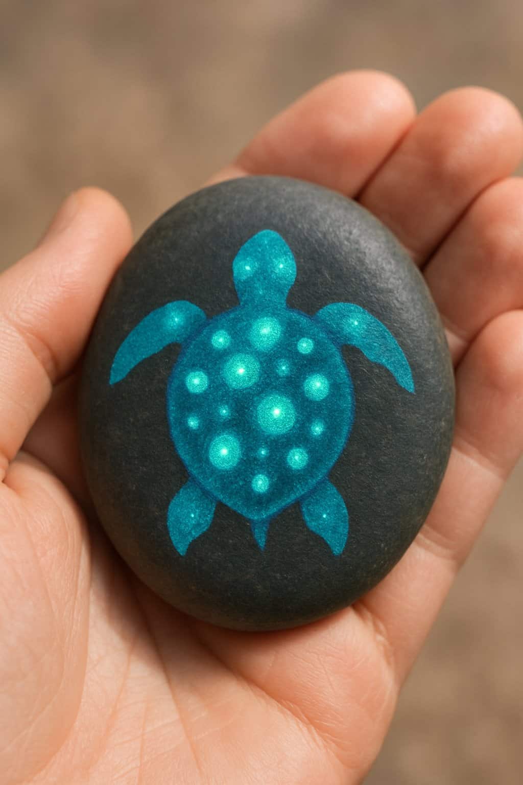 A hand holding a smooth river rock painted with a turtle featuring glowing spots.